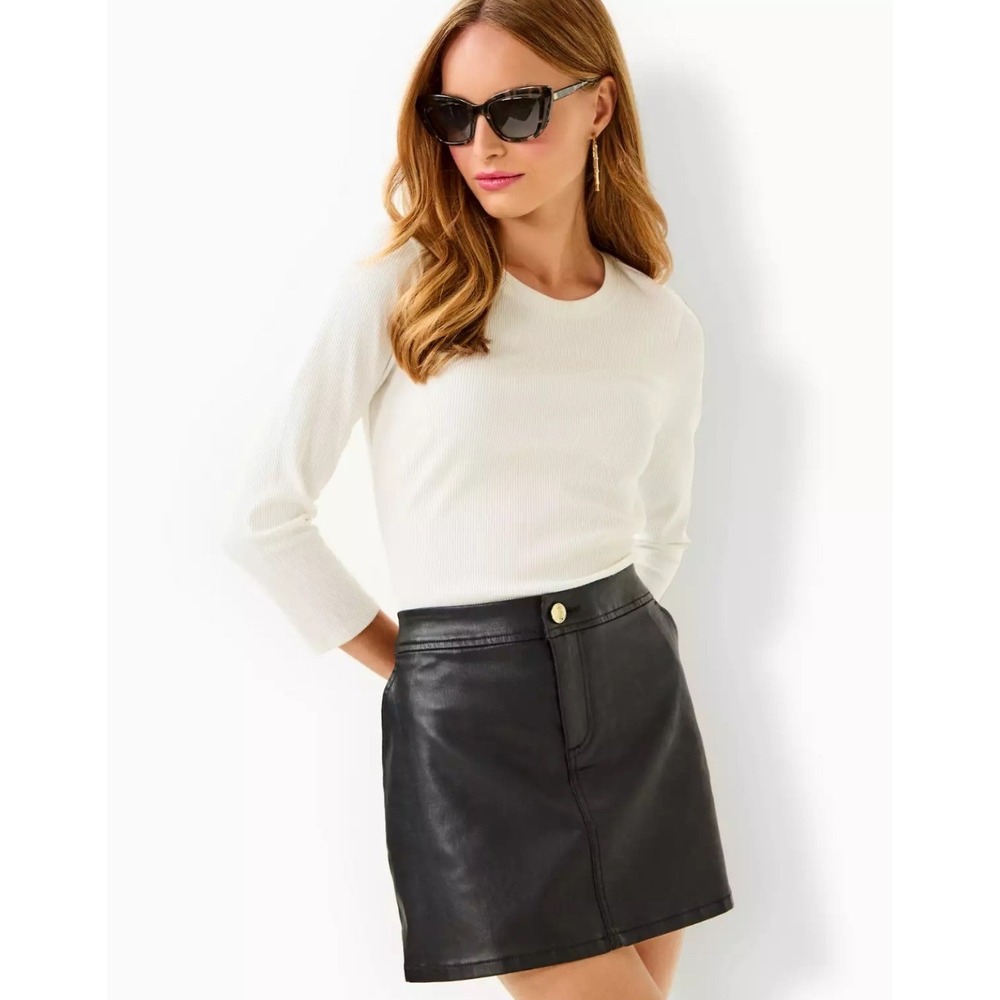 Lilly Pulitzerโ Colette Stretch Coated Skirt Black Faux Leather Mini 014352